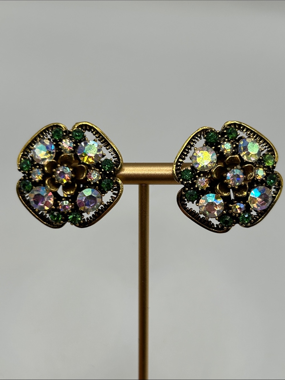 1950’s Florenza Green & Aurora Borealis Antiqued Gold Floral Clip On Earrings